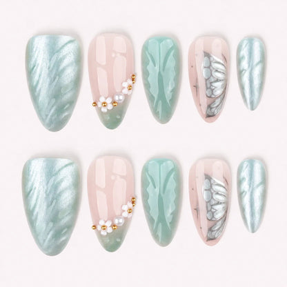 Pearlwing Garden seafoam medium almond press-on nails product display