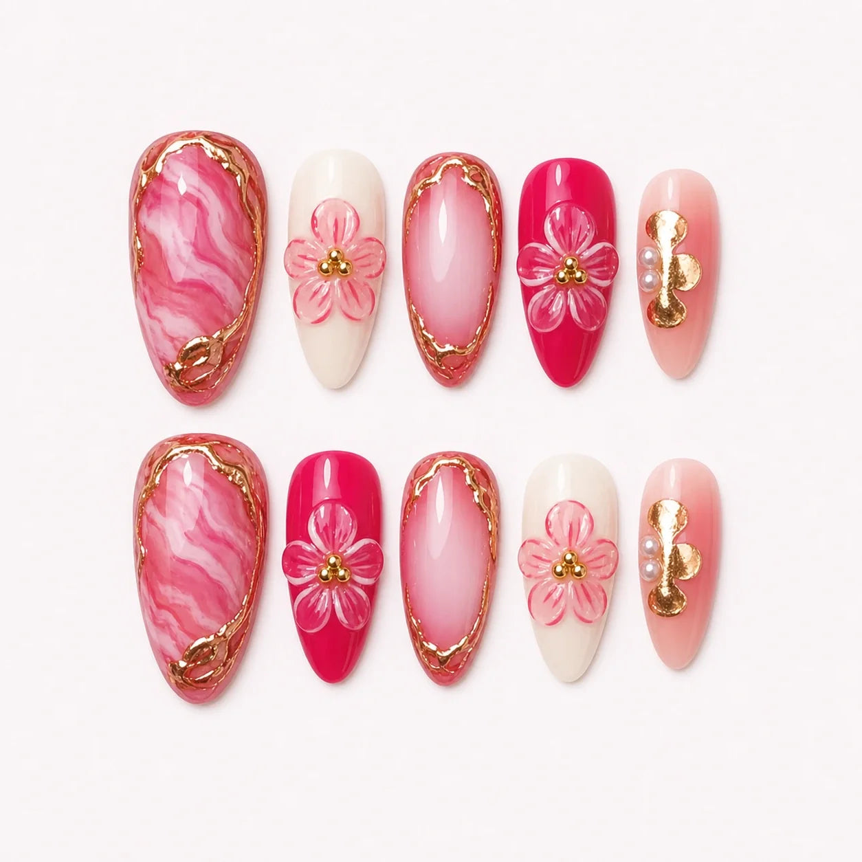 Petal Regalia pink floral medium almond press-on nails