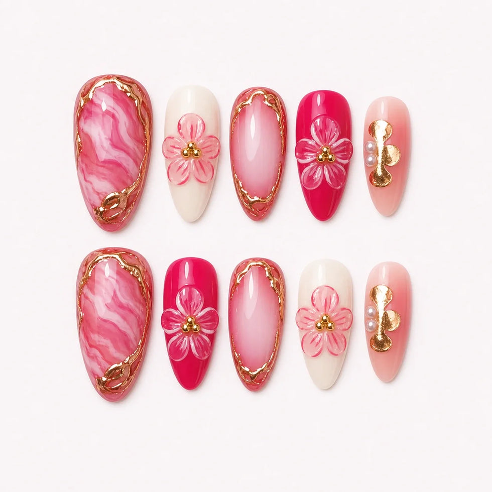 Petal Regalia pink floral medium almond press-on nails