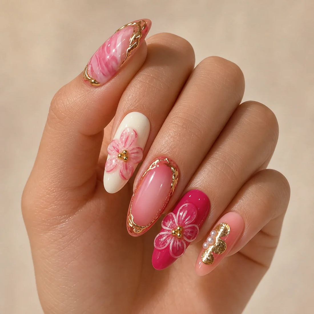 Petal Regalia pink marble press-on manicure on one curled hand