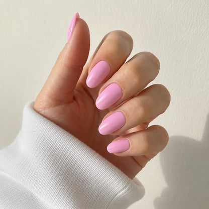 Pink Taffy medium almond press-on nails by Matchy Nails