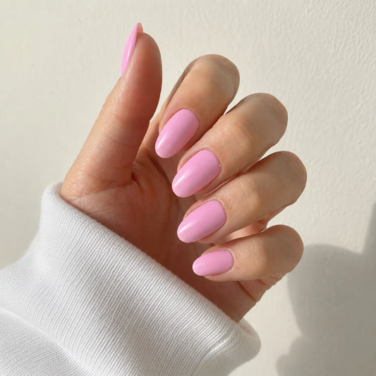 Pink Taffy medium almond press-on nails by Matchy Nails