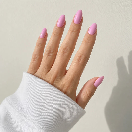 Pink Taffy medium almond press-on nails by Matchy Nails