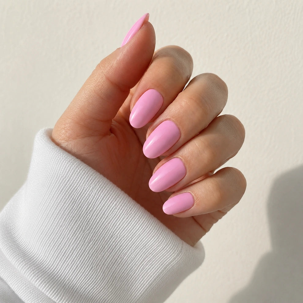 Pink Taffy medium almond press-on nails by Matchy Nails