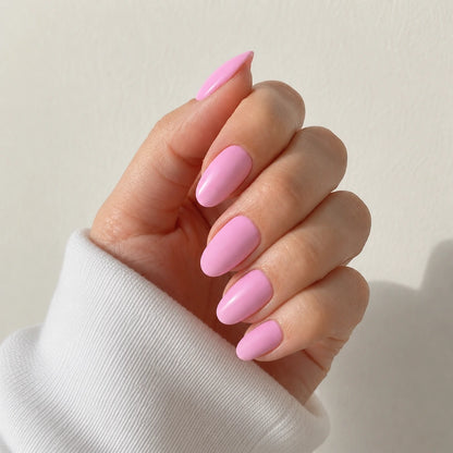 Pink Taffy medium almond press-on nails by Matchy Nails