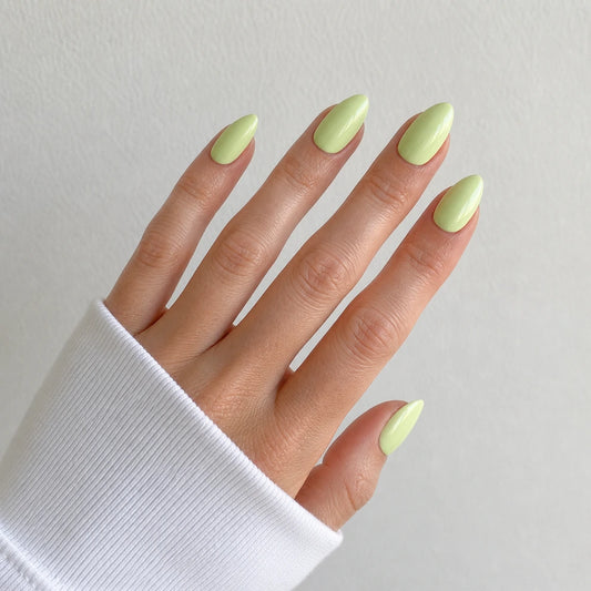 Pistachio Glaze medium almond press-on nails by Matchy Nails