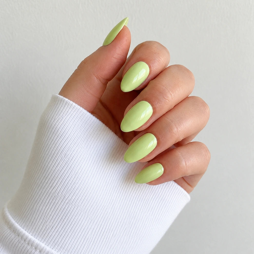 Pistachio Glaze medium almond press-on nails by Matchy Nails