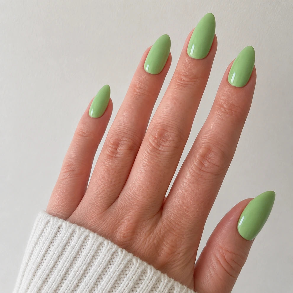 Pistachio Muse medium almond green press-on nails by Matchy Nails