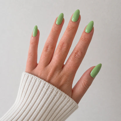 Pistachio Muse medium almond green press-on nails by Matchy Nails
