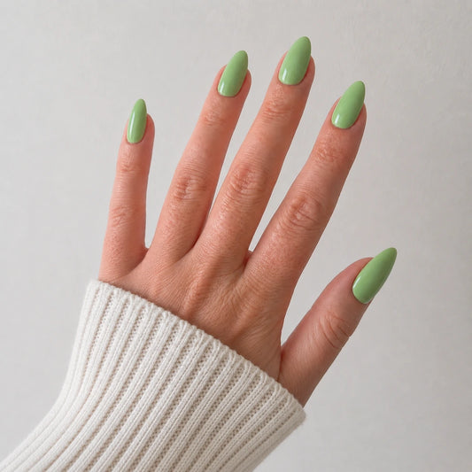 Pistachio Muse medium almond green press-on nails by Matchy Nails