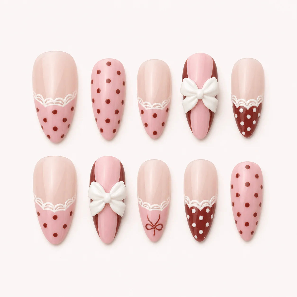 Polka Pirouette pink bow medium almond press-on nails product display, new option