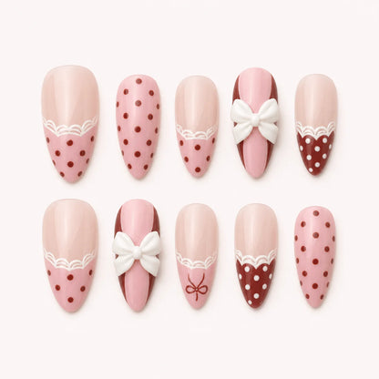 Polka Pirouette pink bow medium almond press-on nails product display, new option