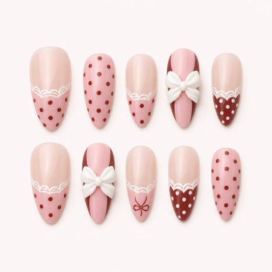 Polka Pirouette pink bow medium almond press-on nails product display, new option