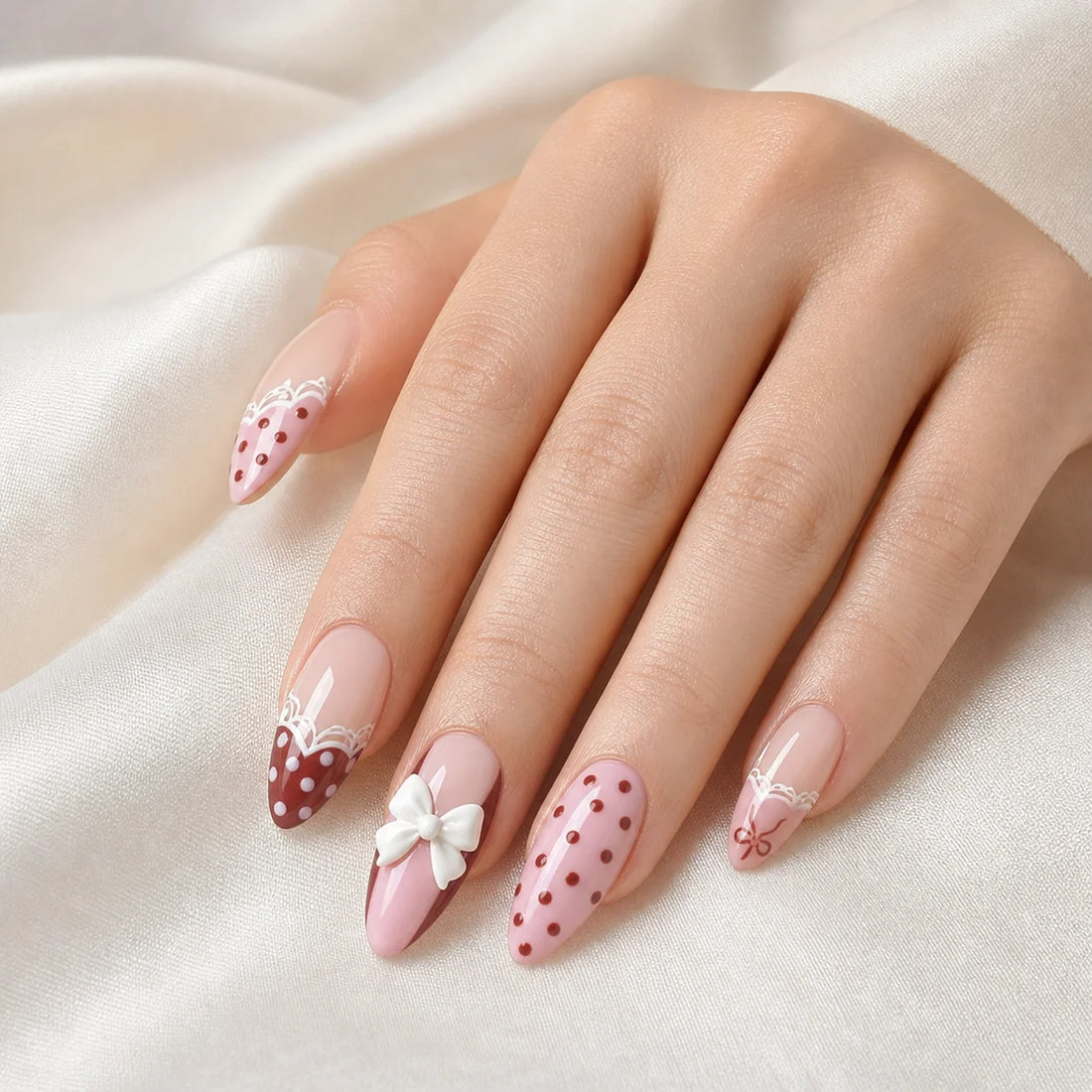 Polka Pirouette pink bow medium almond press-on nails on one resting hand, new option