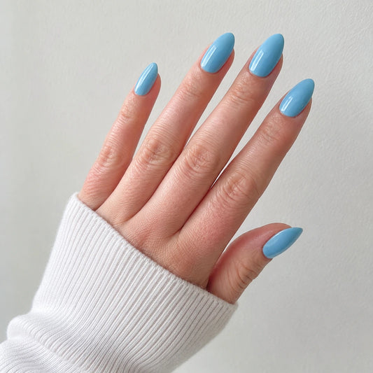 Poolside Muse medium almond blue press-on nails by Matchy Nails