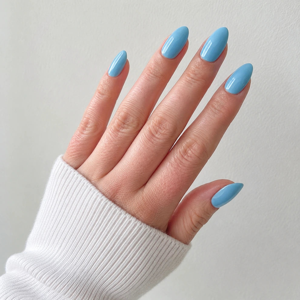 Poolside Muse medium almond blue press-on nails by Matchy Nails