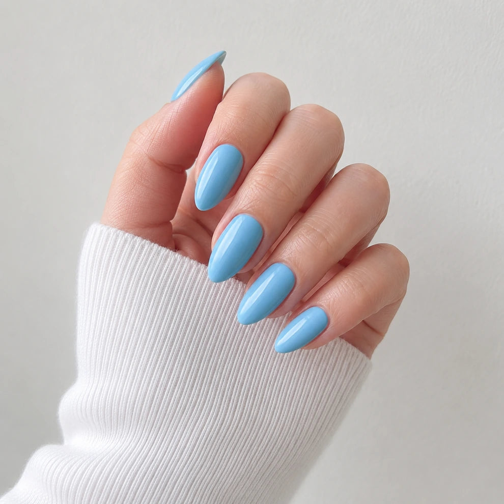 Poolside Muse medium almond blue press-on nails by Matchy Nails