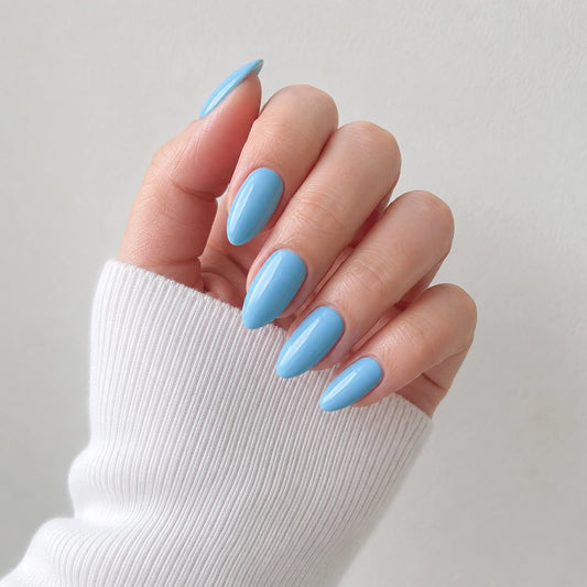 Poolside Muse medium almond blue press-on nails by Matchy Nails