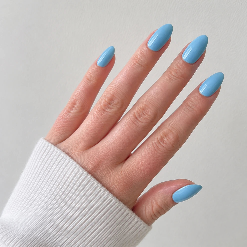 Poolside Muse medium almond blue press-on nails by Matchy Nails