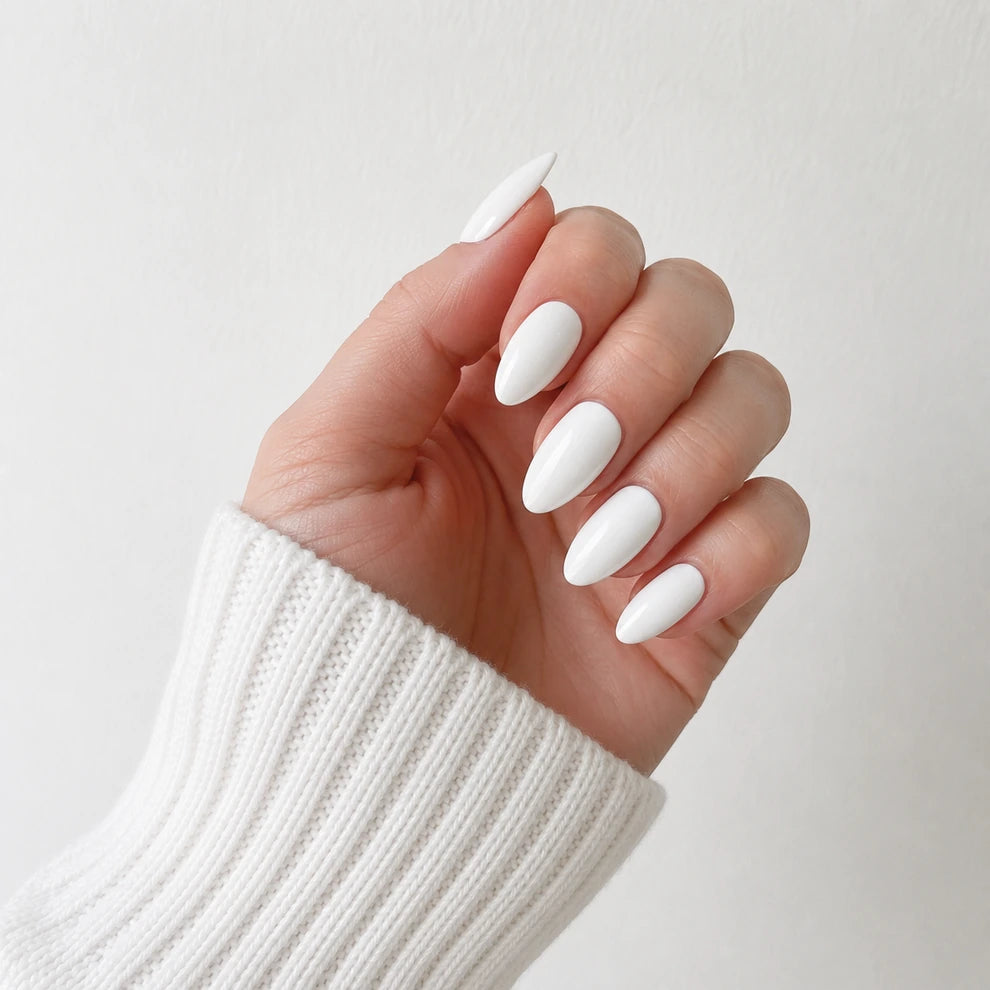 Porcelain Muse medium almond white press-on nails by Matchy Nails
