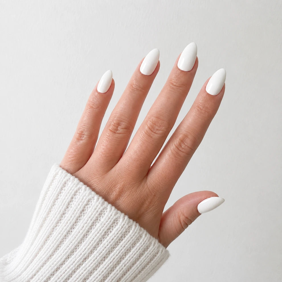 Porcelain Muse medium almond white press-on nails by Matchy Nails
