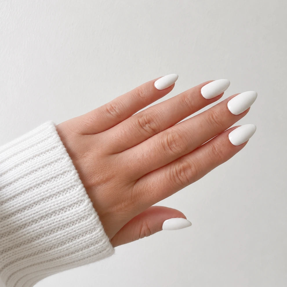 Porcelain Muse medium almond white press-on nails by Matchy Nails