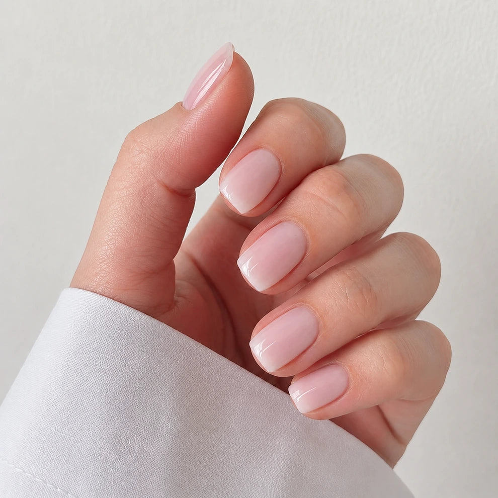 Powder Haze short square french tip pink and white gradient press-on nails by Matchy Nails