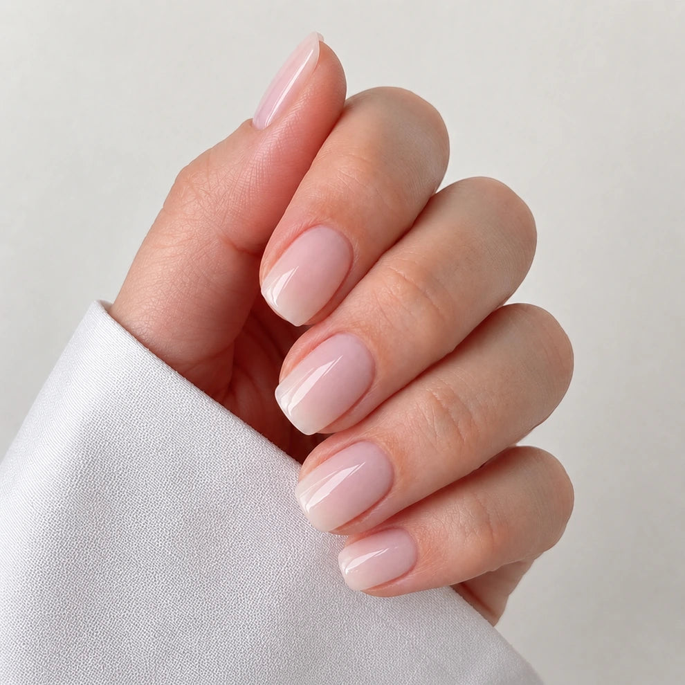 Powder Haze short square french tip pink and white gradient press-on nails by Matchy Nails