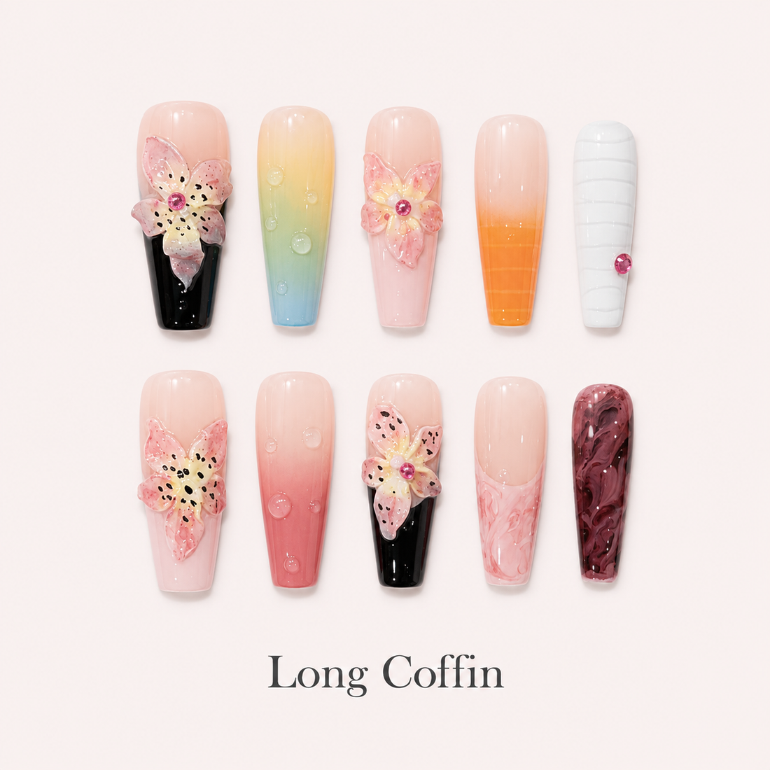 Prism Bloom Long Coffin handmade press-on nails with multicolour flowers and sculpted petals