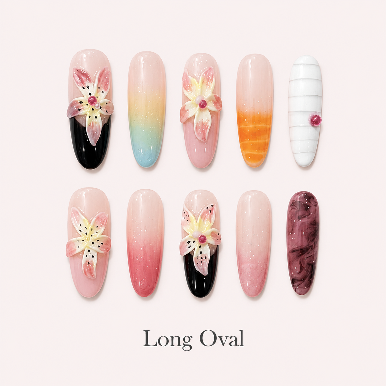 Prism Bloom Long Oval handmade press-on nails with multicolour flowers and sculpted petals