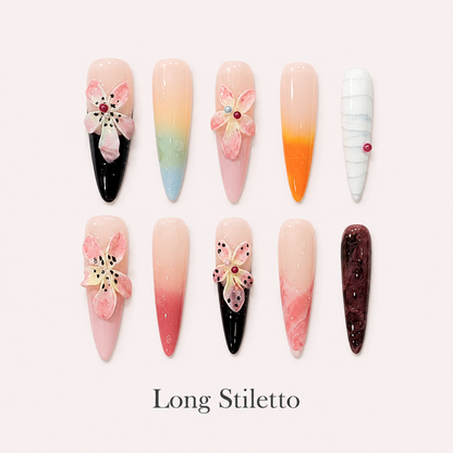 Prism Bloom Long Stiletto handmade press-on nails with multicolour flowers and sculpted petals