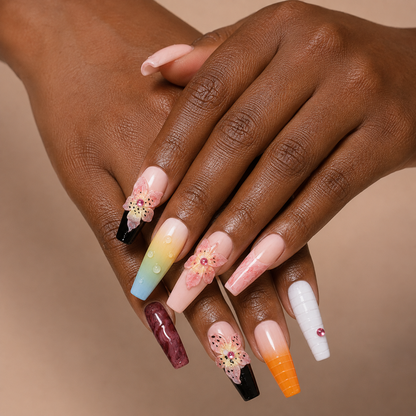 Two curled hands wearing Prism Bloom Long Stiletto press-on nails with sculpted flower petals