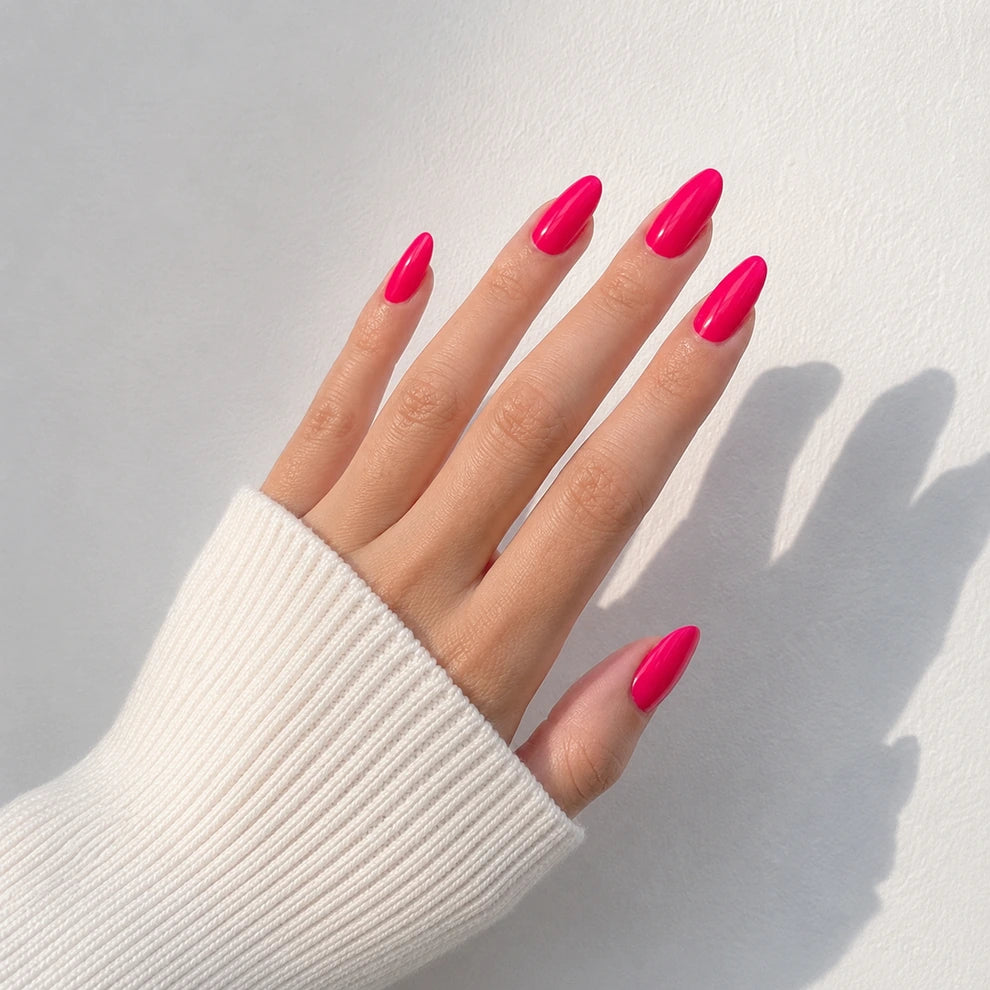 Raspberry Lacquer medium almond press-on nails by Matchy Nails