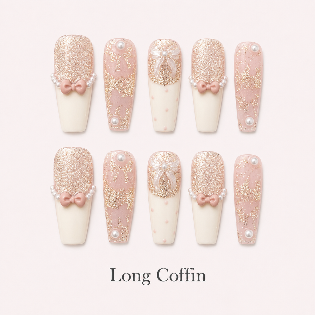 Ribbon Souffle Long Coffin handmade press-on nails with blush French tips, bows and champagne shimmer