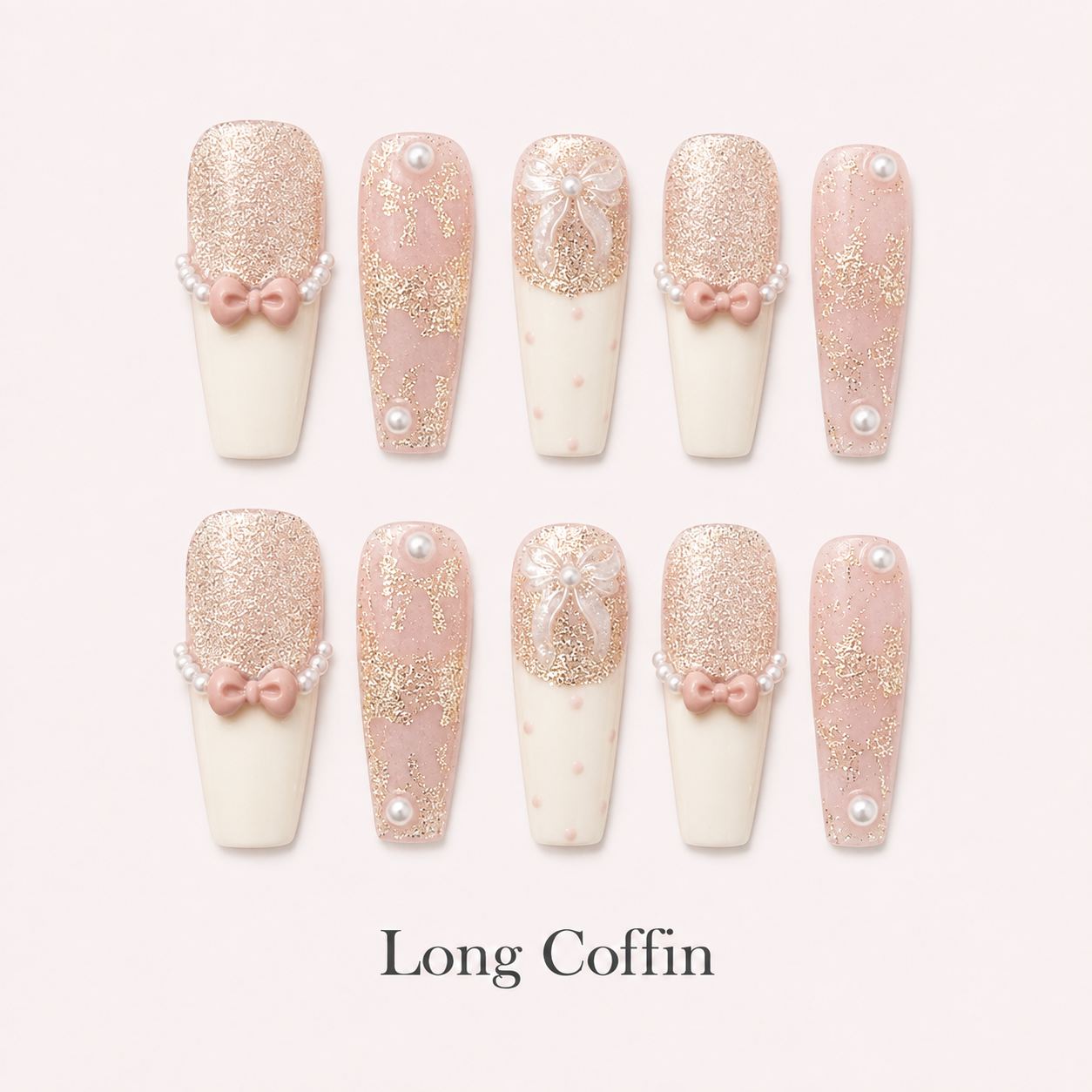 Ribbon Souffle Long Coffin handmade press-on nails with blush French tips, bows and champagne shimmer