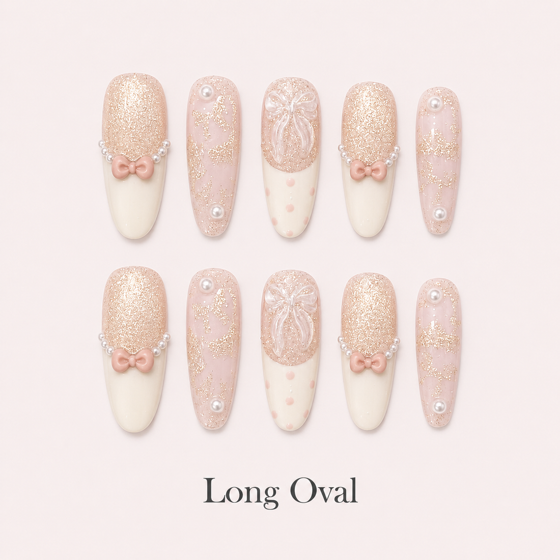 Ribbon Souffle Long Oval handmade press-on nails with blush French tips, bows and champagne shimmer