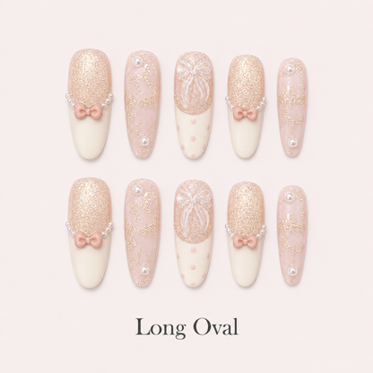 Ribbon Souffle Long Oval handmade press-on nails with blush French tips, bows and champagne shimmer