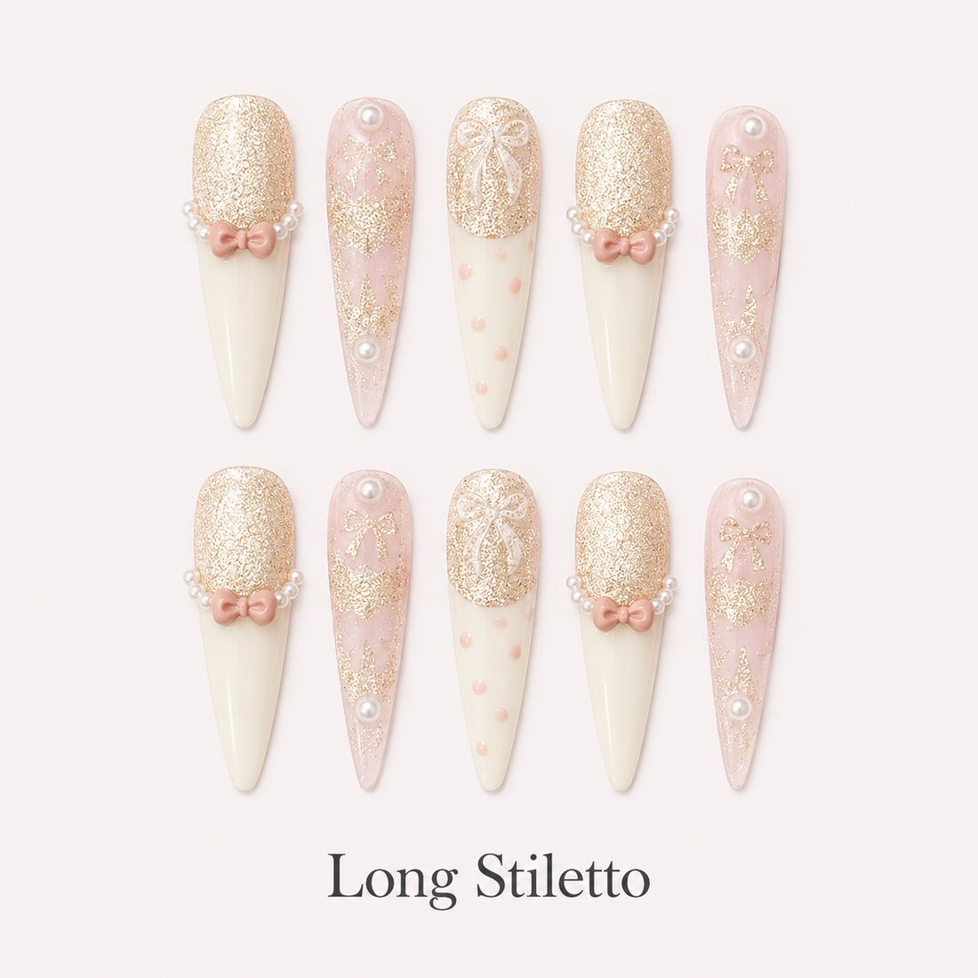 Ribbon Souffle Long Stiletto handmade press-on nails with blush French tips, bows and champagne shimmer