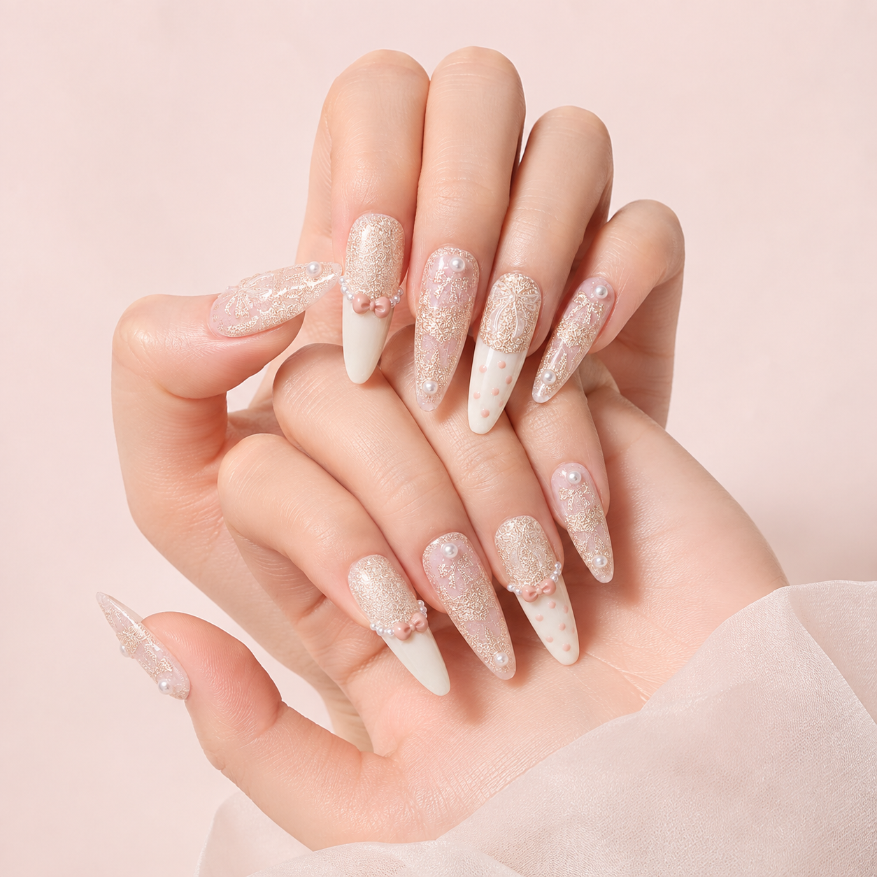 Two softly curled hands wearing Ribbon Souffle Long Stiletto blush French press-on nails with bows