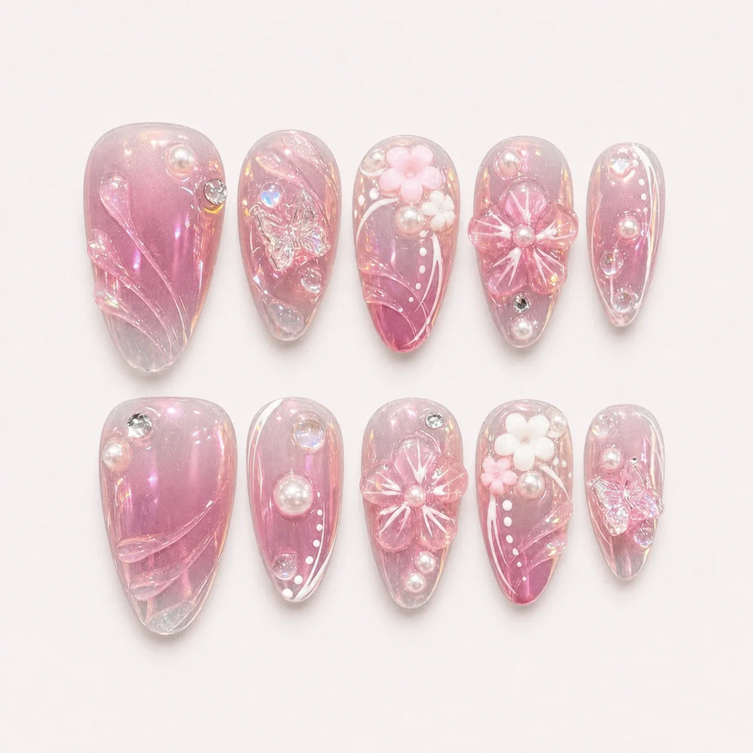 Roselight Terrarium pink floral medium almond press-on nails product display