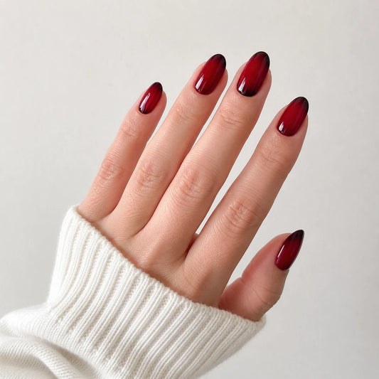 Ruby Lacquer medium almond press-on nails by Matchy Nails