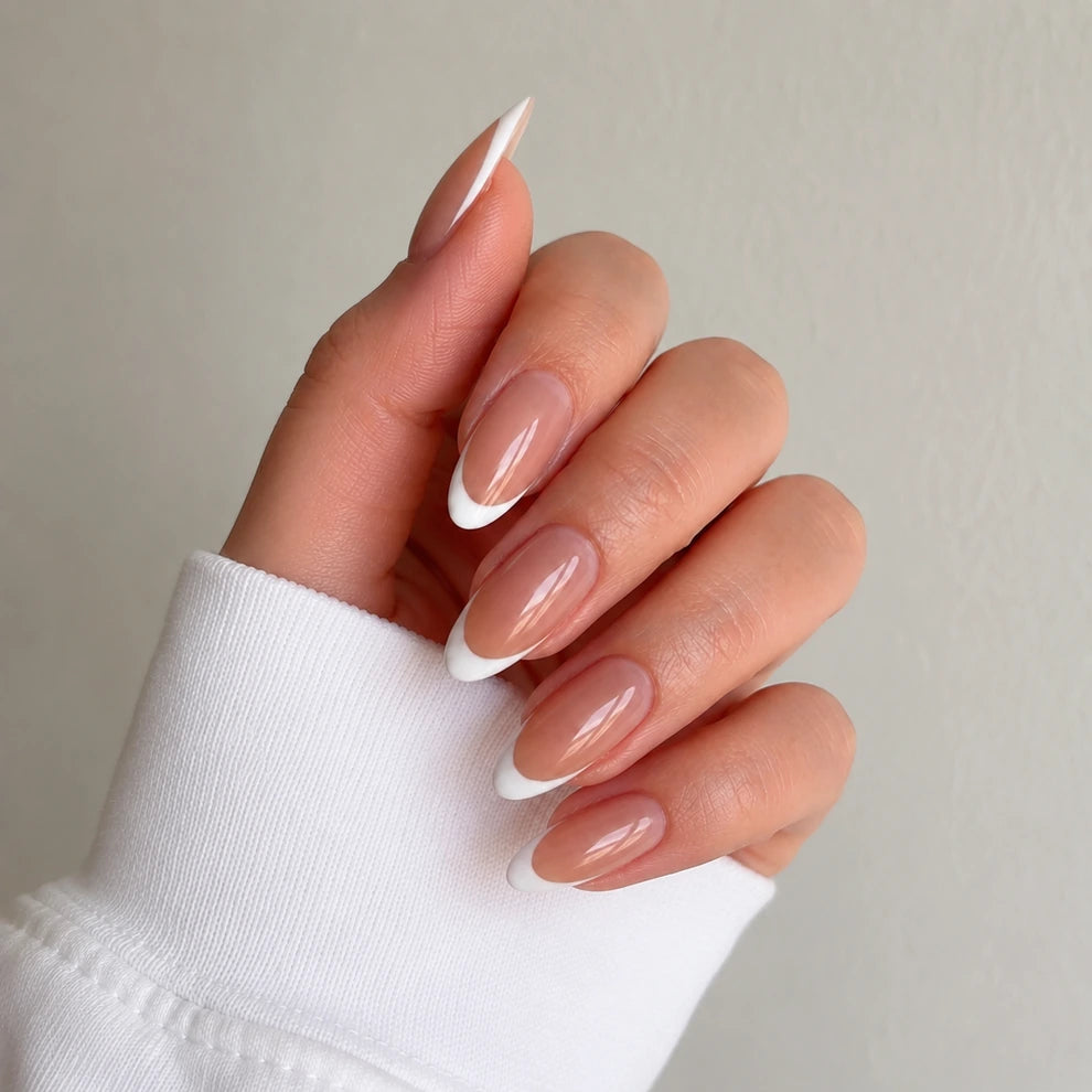 Satin Crescent short almond french tip beige and white press-on nails by Matchy Nails