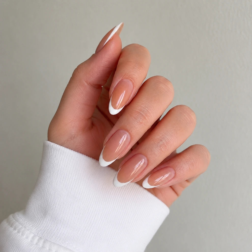 Satin Crescent short almond french tip beige and white press-on nails by Matchy Nails