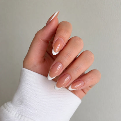 Satin Crescent short almond french tip beige and white press-on nails by Matchy Nails
