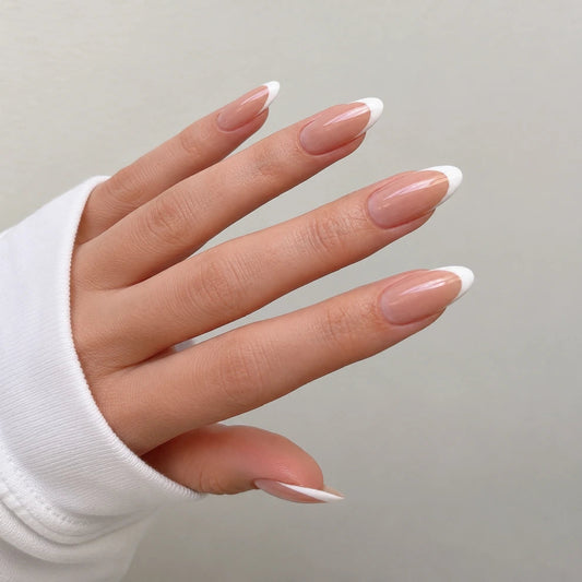 Satin Crescent short almond french tip beige and white press-on nails by Matchy Nails