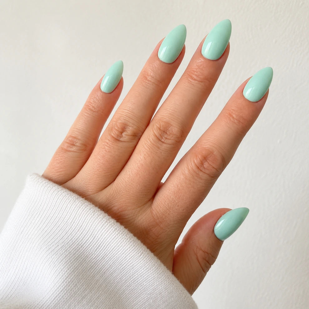 Seafoam Silk medium almond blue press-on nails by Matchy Nails