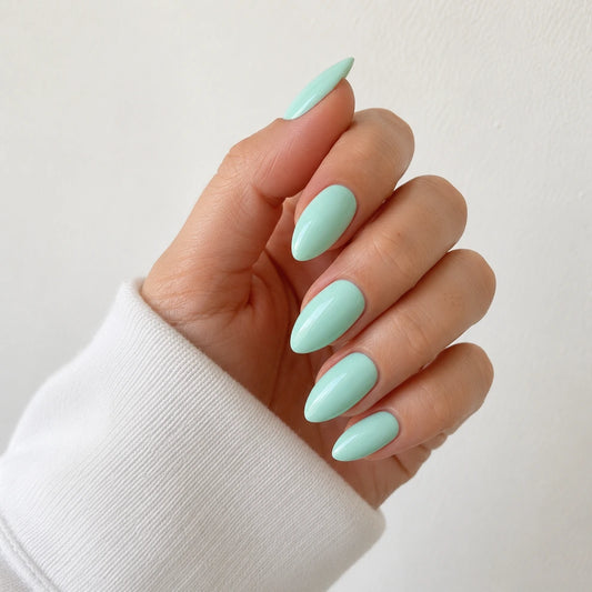 Seafoam Silk medium almond blue press-on nails by Matchy Nails