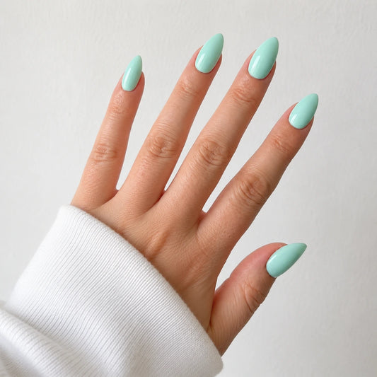 Seafoam Silk medium almond blue press-on nails by Matchy Nails