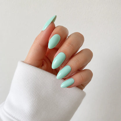 Seafoam Silk medium almond blue press-on nails by Matchy Nails