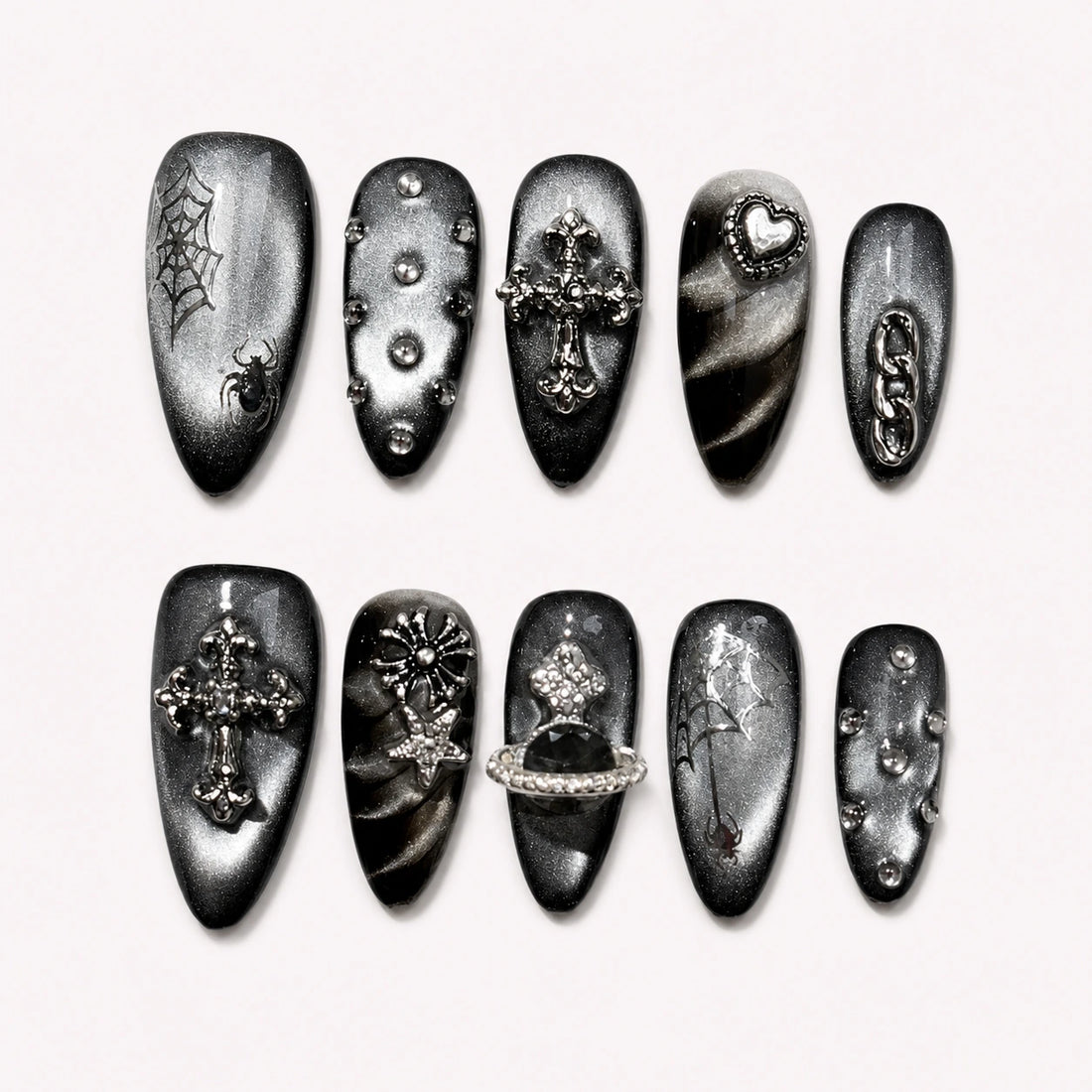 Silver Seance black silver medium almond press-on nails with gothic charms